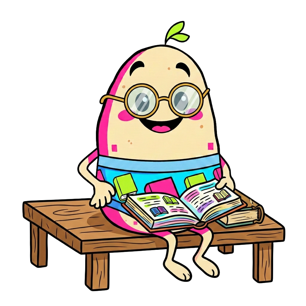 Spud, the Book Swap mascot: a smiling potato wearing round glasses, sitting on a wooden table and reading an open book, with neon blue underwear printed with little green books